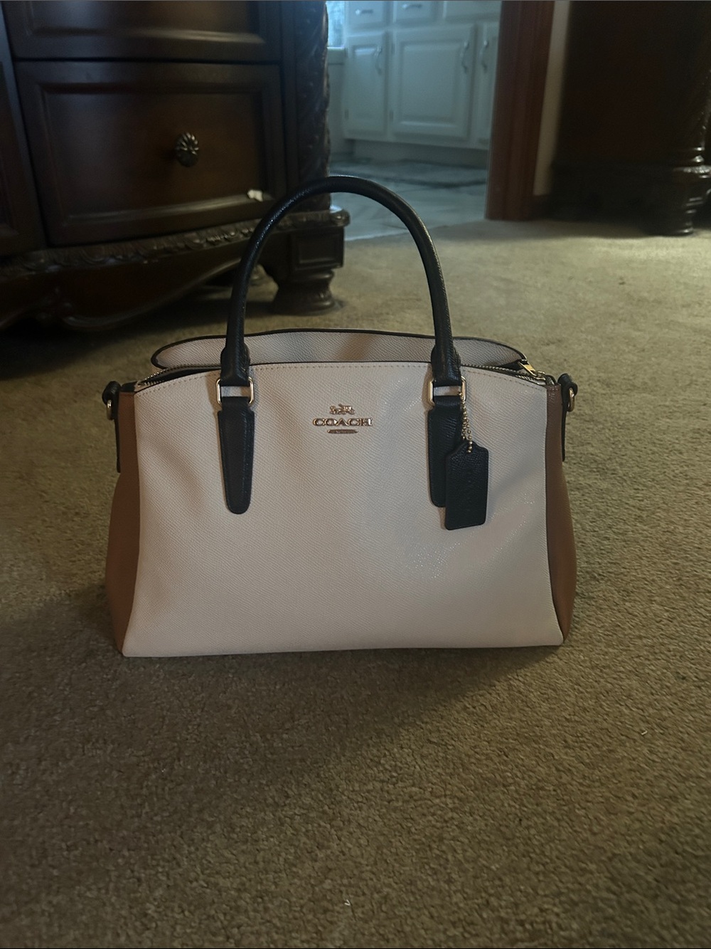 Coach Two-Tone Leather Satchel in Cream, Brown and Black